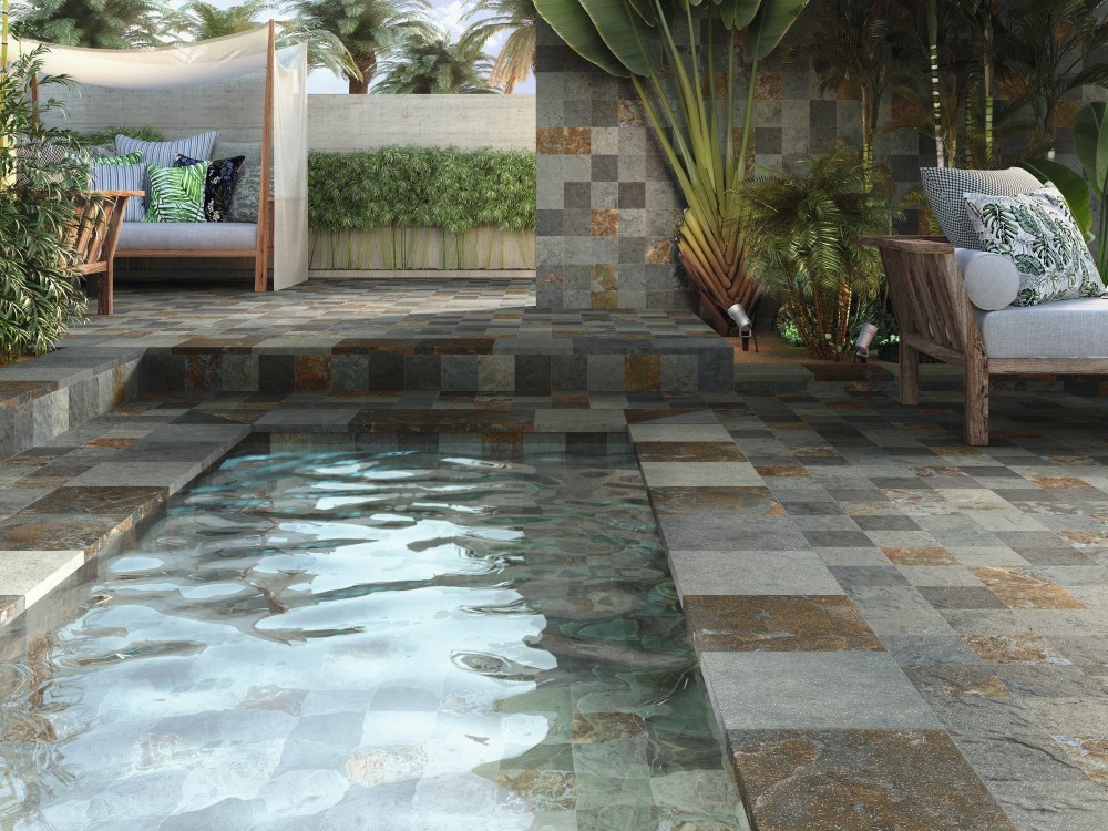 Carrelage effet pierre de bali 15x15 couleurs mix. Sol fond piscine naturelle et terrasse. Grès cérame mat. Nusa InstaHouse APE