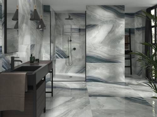 Carrelage effet marbre, grain poli effet miroir, 60X120, bleu gris veiné. Sol et mur salle de bain. Persian Onix InstaHouse APE