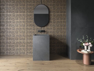Carrelage décoratif esprit japandi mur salle d'eau. Aspect bois format 30x90 gris foncé Barbarus InstaHouse APE Burlington