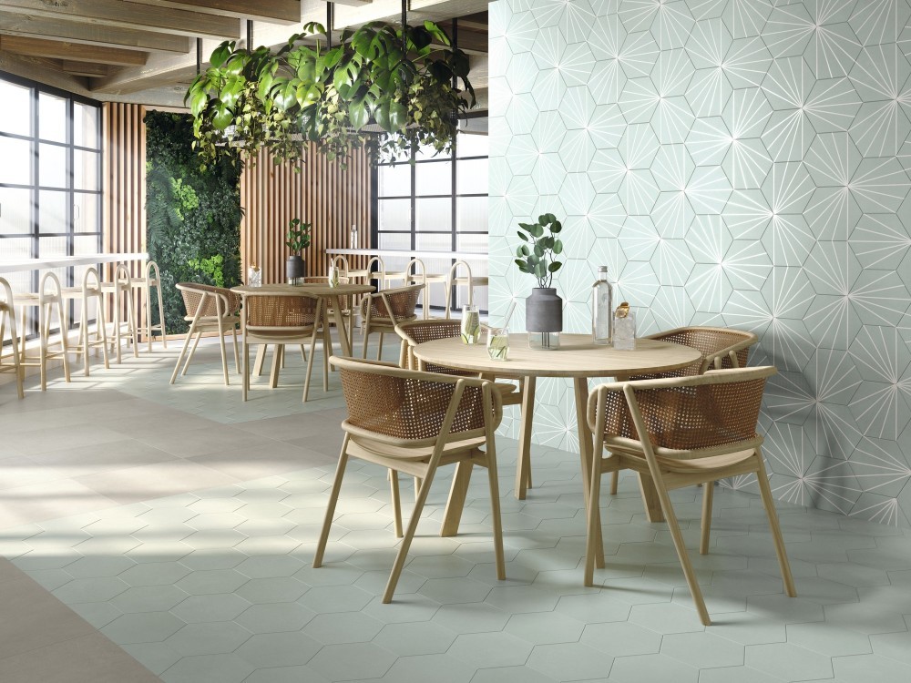 Carrelage sol et mur imitation tomette ciment. Hexagone 23x26 vert d'eau Haliméda InstaHouse APE Macba Sol restaurant