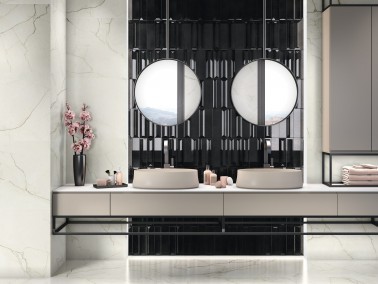 InstaHouse Chambord carrelage salle de bains vasque beige veiné effet marbre 60 x 120 mat