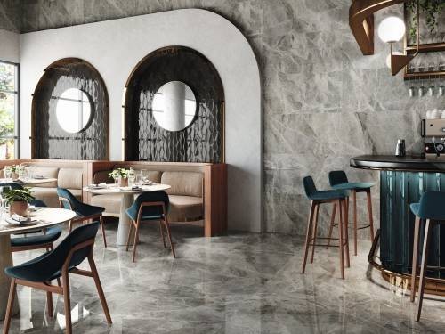 Carrelage mur et sol restaurant imitation marbre couleur gris grand format 60x120 Silver InstaHouse APE Silver Grey