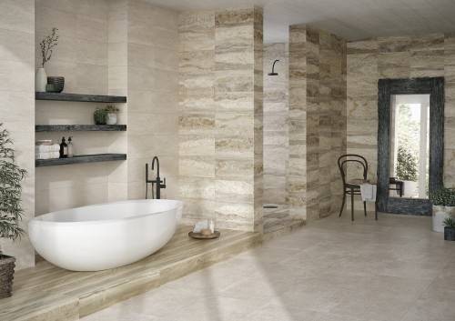 Carrelage salle de bains effet ciment 30 x 60 finition lapatto couleur sable InstaHouse Wabi Sabi APE