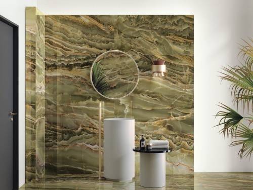 InstaHouse carrelage salle de bain sanitaires effet marbre pistache veine 60 x 120 poli effet miroir