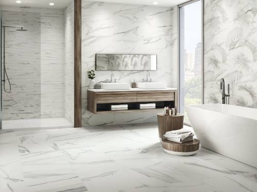 InstaHouse Epidote carrelage effet marbre couleur blanc veiné 25 x 75 finition mat salle de bains