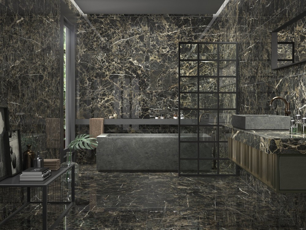 InstaHouse Orage carrelage sol et murs salle de bain effet marbre couleur noir et or finition poli effet miroir 60 x 120