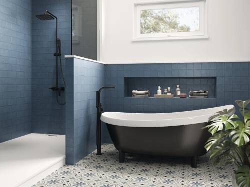 InstaHouse carrelage effet carreau de métro brut ciment format 11,5 x 23,2 couleur bleu Collection Wilson mur salle de bain