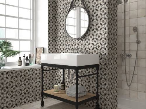 InstaHouse carrelage effet carreaux de ciment 15 x 15 couleur noir collection Ponant Mur salle de bain
