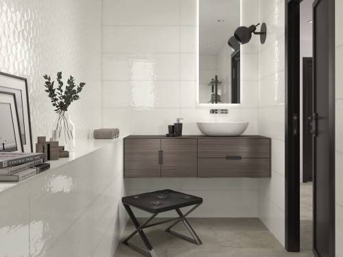 InstaHouse carrelage décor faïence finition brillant format 31,6 x 90 couleur blanc Collection Colmar Mur salle d'eau