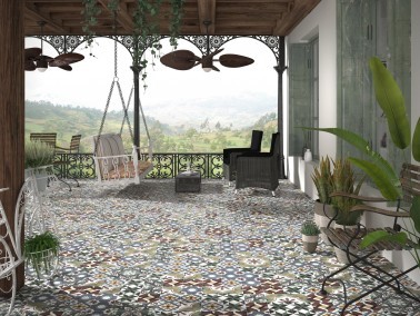 InstaHouse grès cérame effet carreaux de ciment mix couleur et motif fleur format 15 x 15 Collection Azulejos Sol terrasse