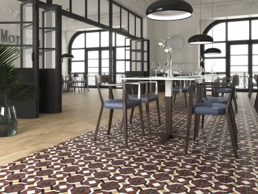 InstaHouse carrelage carreaux de ciment 15x15  noir bordeaux et jaune motif géometrique Collection Azulejos compo Sol restaurant