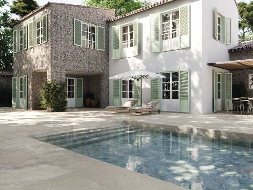 carrelage antidérapant effet pierre aspect travertin 60 x 120 couleur sable Instahouse Collection Cross APE Terrasse piscine