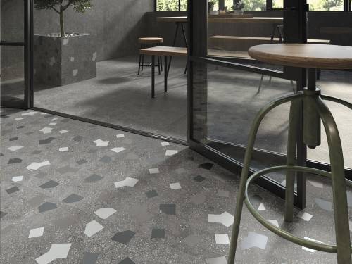 Carrelage grès cérame sol séjour effet ciment imitation terrazzo 60 x 120 couleur graphite Collection GEO InstaHouse