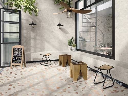 Carrelage grès cérame terrasse café restaurant effet ciment terrazzo 15 x 15 couleur ivoire collection Géo Instahouse