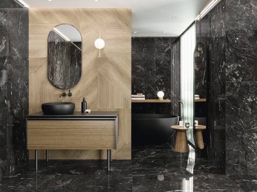Carrelage sol et mur salle de bain effet marbre brun 60 x 120 finition poli effet miroir collection Bartok InstaHouse