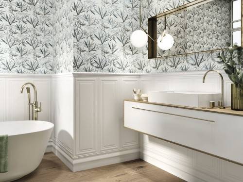Faïence pâte blanche mur salle de bain effet textile impression bambou format 30 x 90 couleur eau collection Rohan InstaHouse