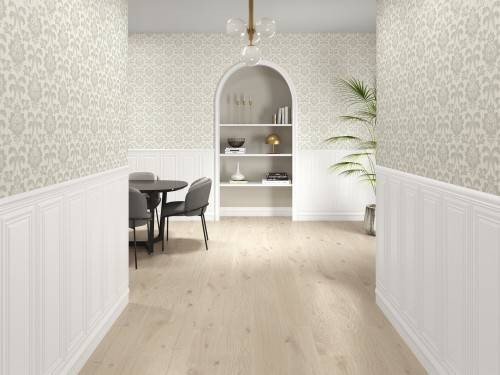 Faïence pâte blanche mur séjour effet textile impression fleur de lys format 30 x 90 couleur beige collection Rohan InstaHouse