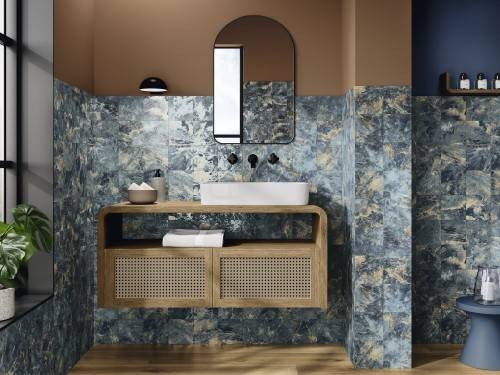 Carrelage grès cérame effet pierre mur salle de bain 15 x 15 cm, couleur lagon collection Tulum InstaHouse