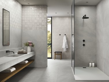 Carrelage sol salle d'eau 60x60, effet pierre, antidérapant R10, couleur gris Barbarus InstaHouse APE Burlington