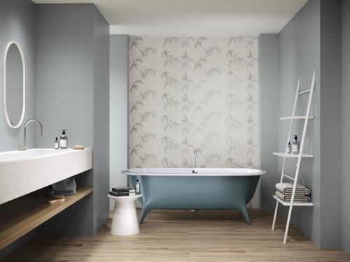 Faïence effet papier peint 30X90 cm motif feuilles palmier couleur gris mur salle de bain collection Romantic InstaHouse