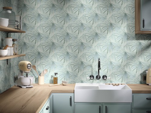 Faïence effet papier peint 30X90 cm, motif feuilles, couleur turquoise crédence mur cuisine collection Romantic InstaHouse