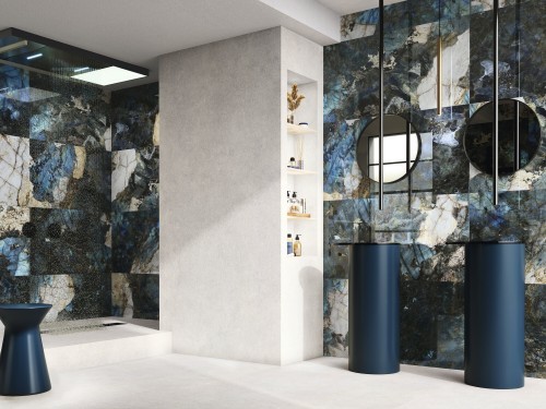 Carrelage effet marbre bleu poli effet miroir grand format 60 x 120 collection Morpho InstaHouse Mur salle de bain