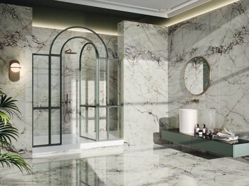 Salle de bain carrelage poli brillant effet miroir 120 x 280 couleur blanc veiné imitation marbre Oxyd Jewel InstaHouse APE