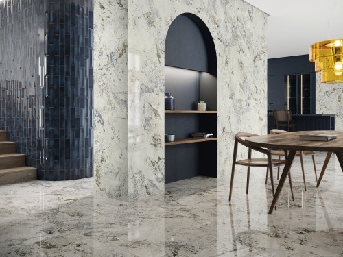 Carrelage sol séjour, effet marbre finition poli effet miroir 60X120 blanc veiné collection Alpen Quartz APE InstaHouse