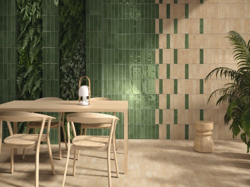 Carrelage grès cérame brillant 6X24 cm vert Collection Fayenza InstaHouse Carmen Mur salle à manger restaurant