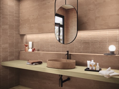 faïence effet ciment motif grille rayures 30 x 90 cm couleur marron collection cimento InstaHouse crédence lavabo APE Hoss