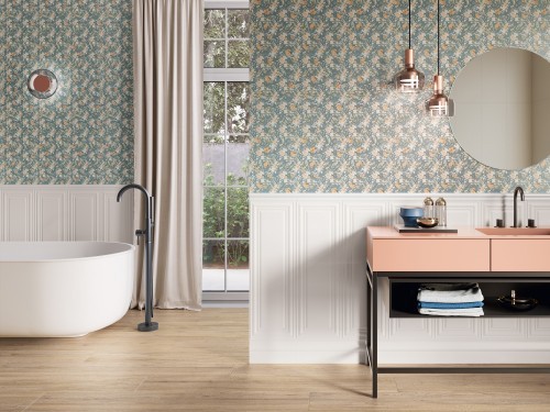 Faïence effet papier peint motif vintage fleurs 30X90 cm couleur horizon mur salle de bain collection Romantic InstaHouse