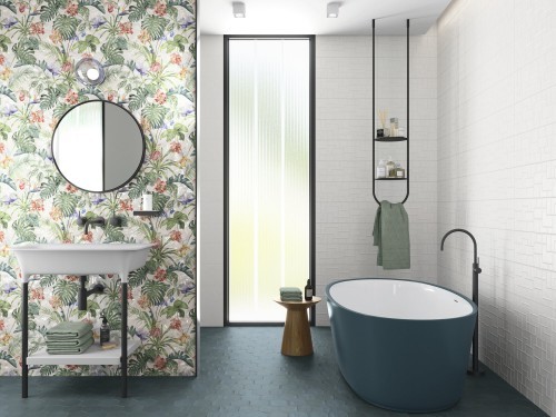 Set de 3 décors faïence pâte rouge mat 20 x 60 motif floral tropical Collection Stay InstaHouse APE Mur salle de bain