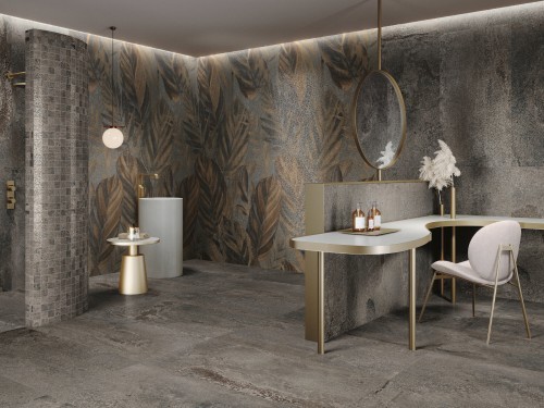 Carrelage motif feuillage grand format 60 x 120 effet metal collection Britannic InstaHouse APE Mur Sanitaires salle d'eau