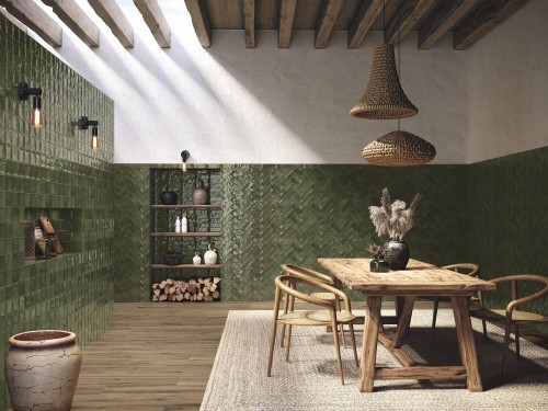 Faïence brillante couleur vert 10x10 effet zellige Cordoue InstaHouse Mur cuisine salle à manger restaurant