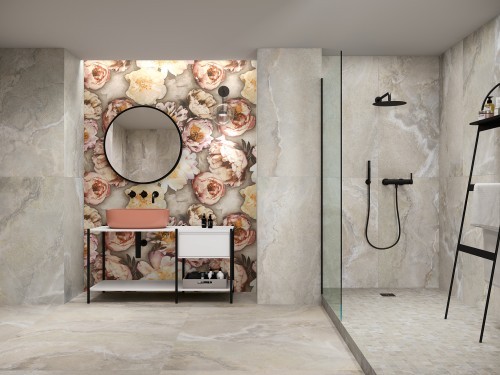 Décor carrelage motif floral grès cérame effet pierre 60 x 60 Fusion InstaHouse Collection Cross APE Mur salle d'eau