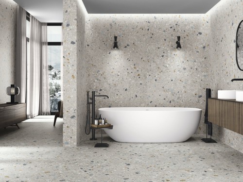 Carrelage grand format effet pierre, sol et mur salle de bain couleur gris MIX effet terrazzo collection Frammento InstaHouse