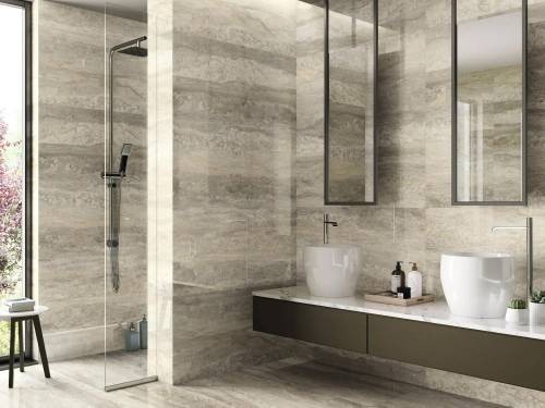 Carrelage effet travertin beige veiné finition email poli brillant 60 x 120 collection Zen InstaHouse Mur et sol salle de bain