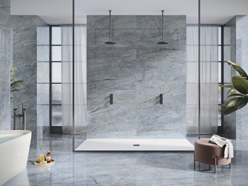 Carrelage effet marbre finition poli effet miroir 60X120 couleur bleu ciel collection Sky APE InstaHouse dosseret salle de bain