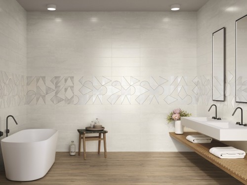 Carrelage Décoratif Mur Effet Ciment Taupe Motif Géométrique 20x60 Gràcia InstaHouse RAMBLA APE frise salle de bain