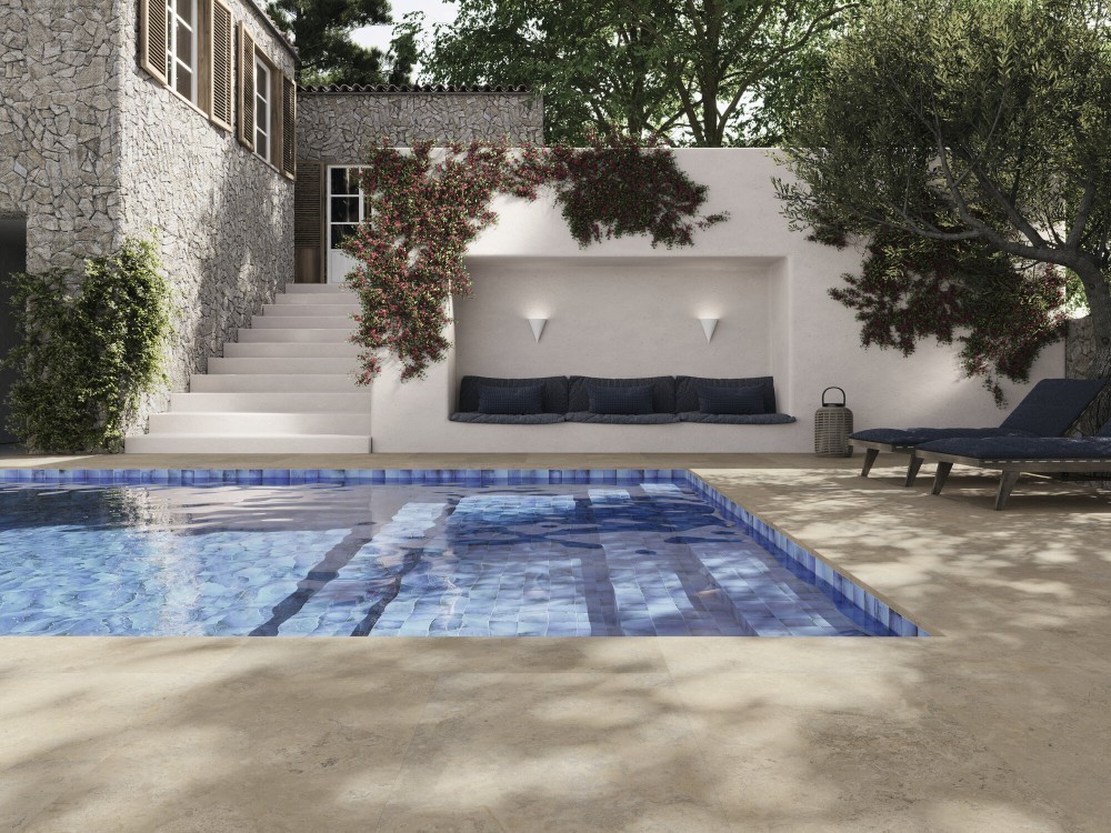 Carrelage Sol Effet Pierre de Bourgogne 60x120 couleur chamois, mat Hématite InstaHouse 4 STONES APE terrasse piscine